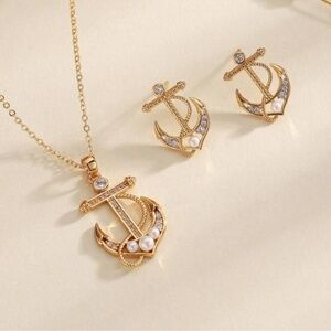 ⚓️GoldTone Pearl Embellished Nautical Necklace & Earrings set